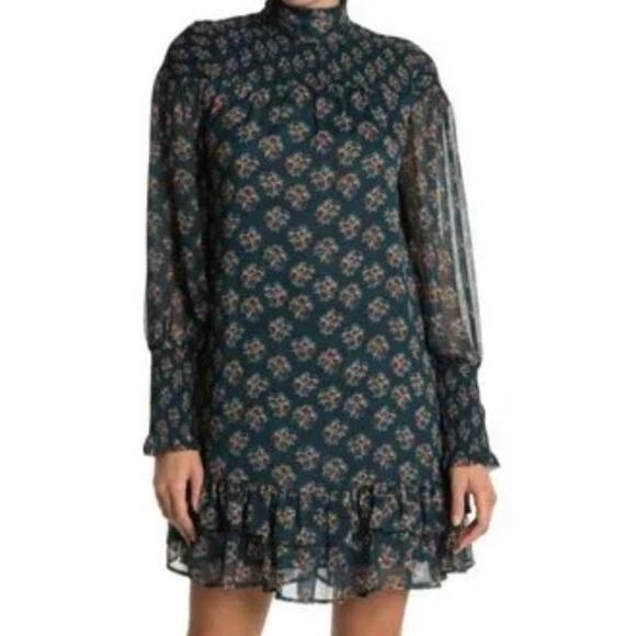 WALTER BAKER MINI DRESS MESSY MOCK FLORAL GREEN RUCHED CUFFS SZ S RUFFLES PREPPY - Picture 1 of 16